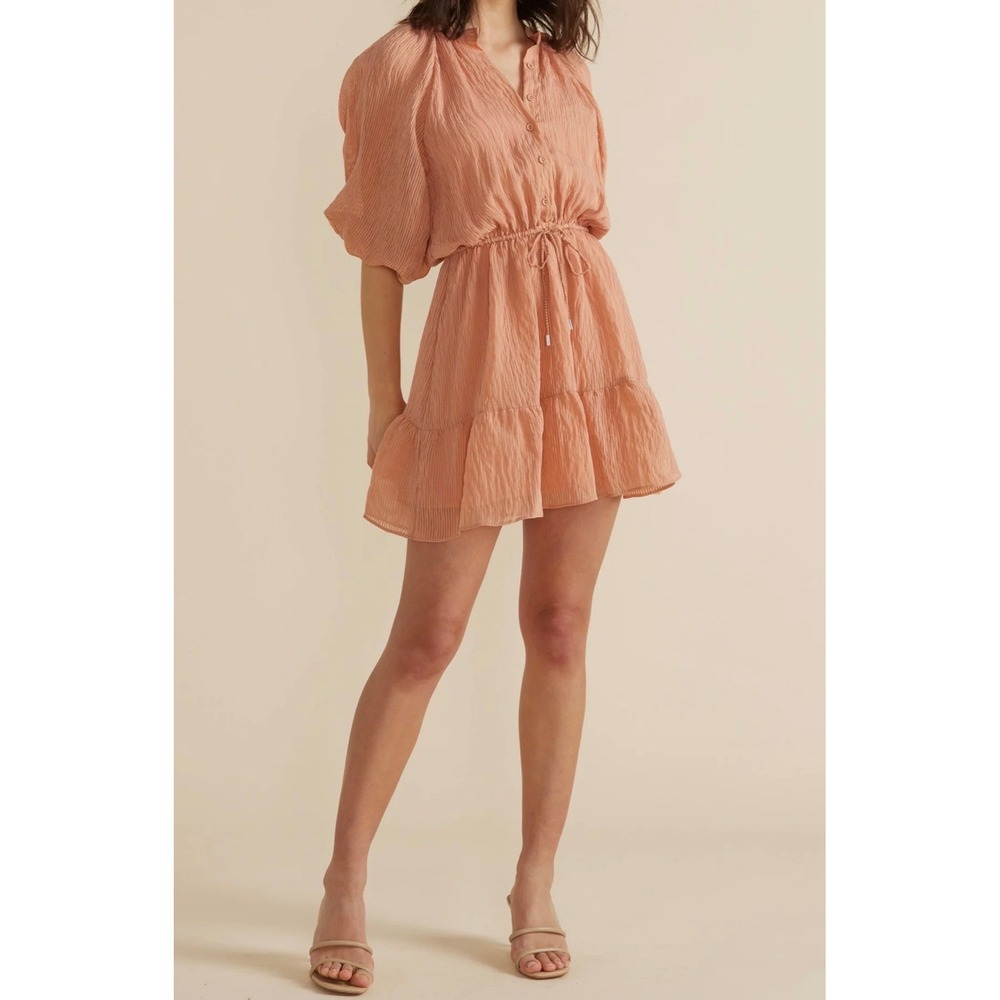 MINKPINK Terracotta Nerang Mini Dress Bubble Sleeve Elastic Waist Ruffle Size XS